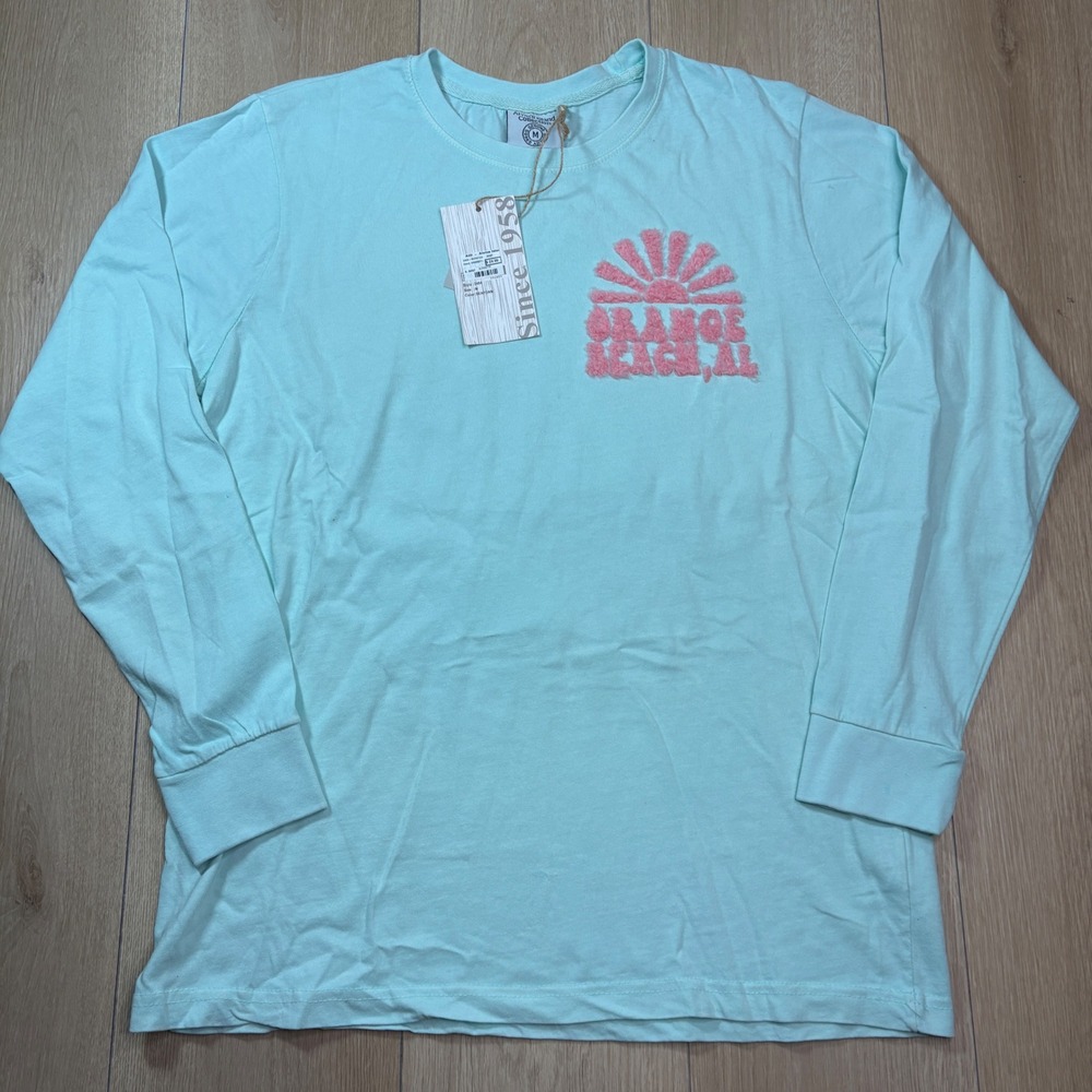 Orange Beach Alabama Long Sleeve Chenille T-Shirt Seafoam Green M NWT Retro